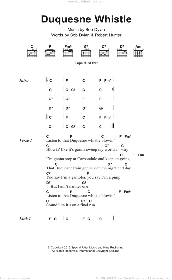 Duquesne Whistle sheet music for guitar (chords) by Bob Dylan and Robert Hunter, intermediate skill level