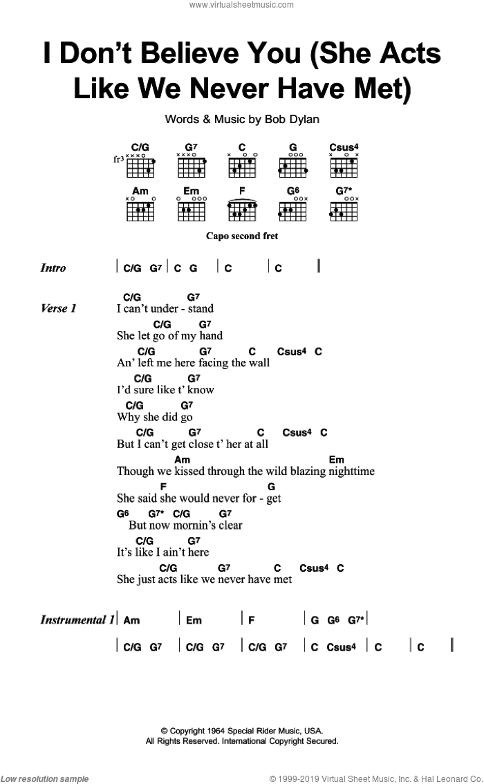 I Don't Believe You (She Acts Like We Never Have Met) sheet music for guitar (chords) by Bob Dylan, intermediate skill level