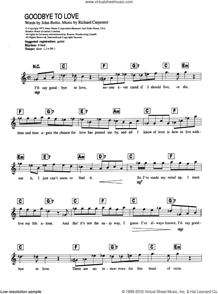 Goodbye To Love sheet music for piano solo (chords, lyrics, melody) by Carpenters, John Bettis and Richard Carpenter, intermediate piano (chords, lyrics, melody)
