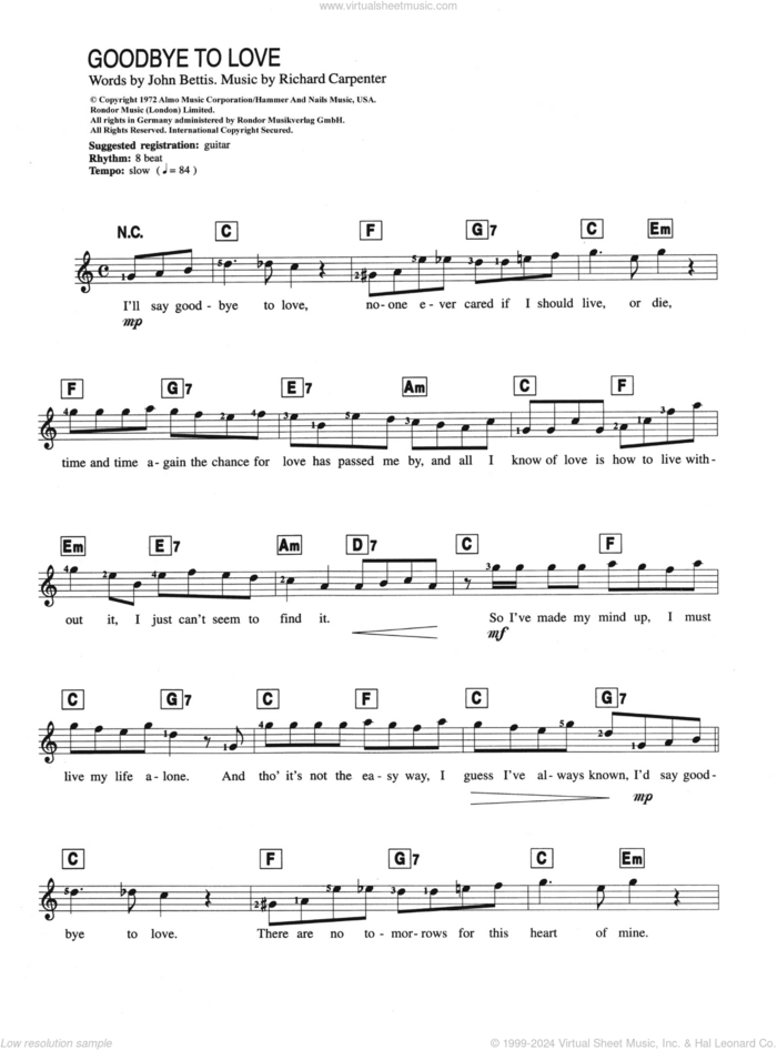 Goodbye To Love sheet music for piano solo (chords, lyrics, melody) by Carpenters, John Bettis and Richard Carpenter, intermediate piano (chords, lyrics, melody)