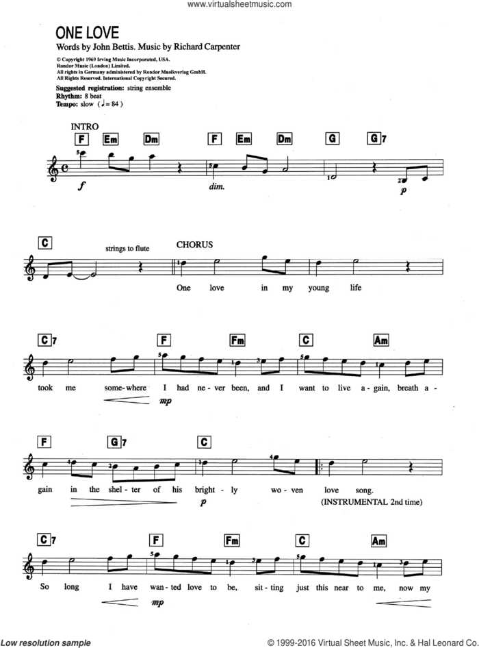 One Love sheet music for piano solo (chords, lyrics, melody) by Carpenters, John Bettis and Richard Carpenter, intermediate piano (chords, lyrics, melody)