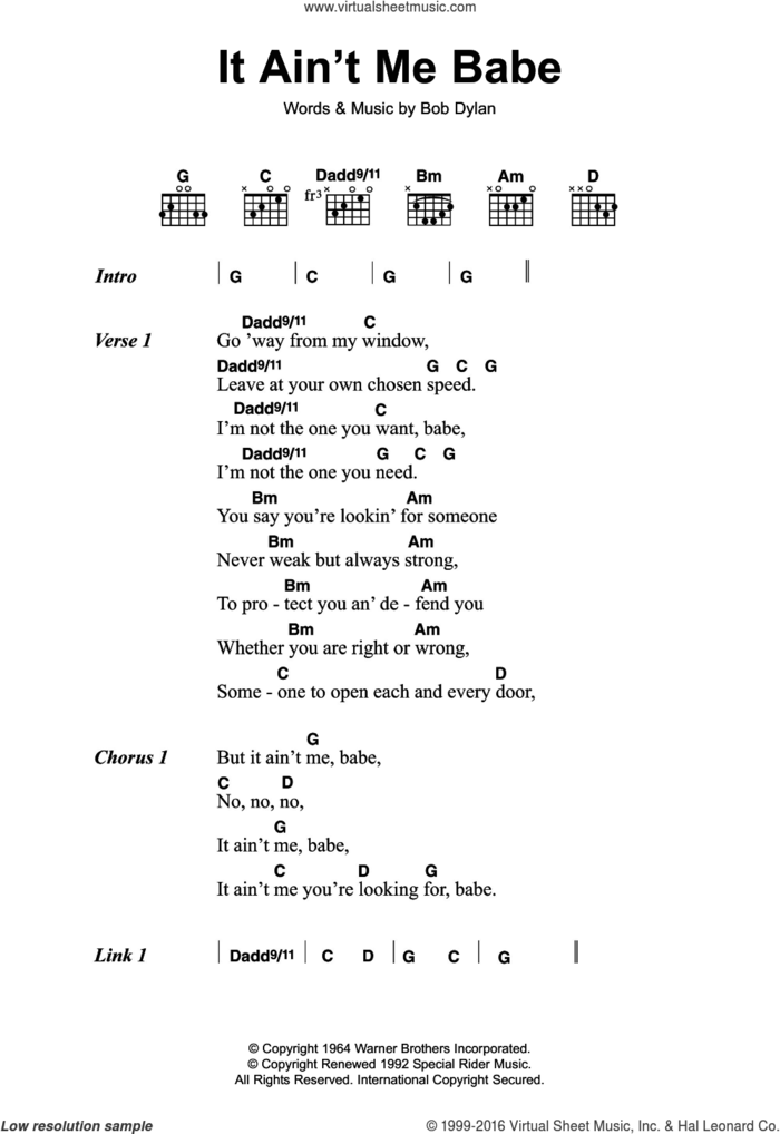 It Ain't Me Babe sheet music for guitar (chords) by Bob Dylan, intermediate skill level