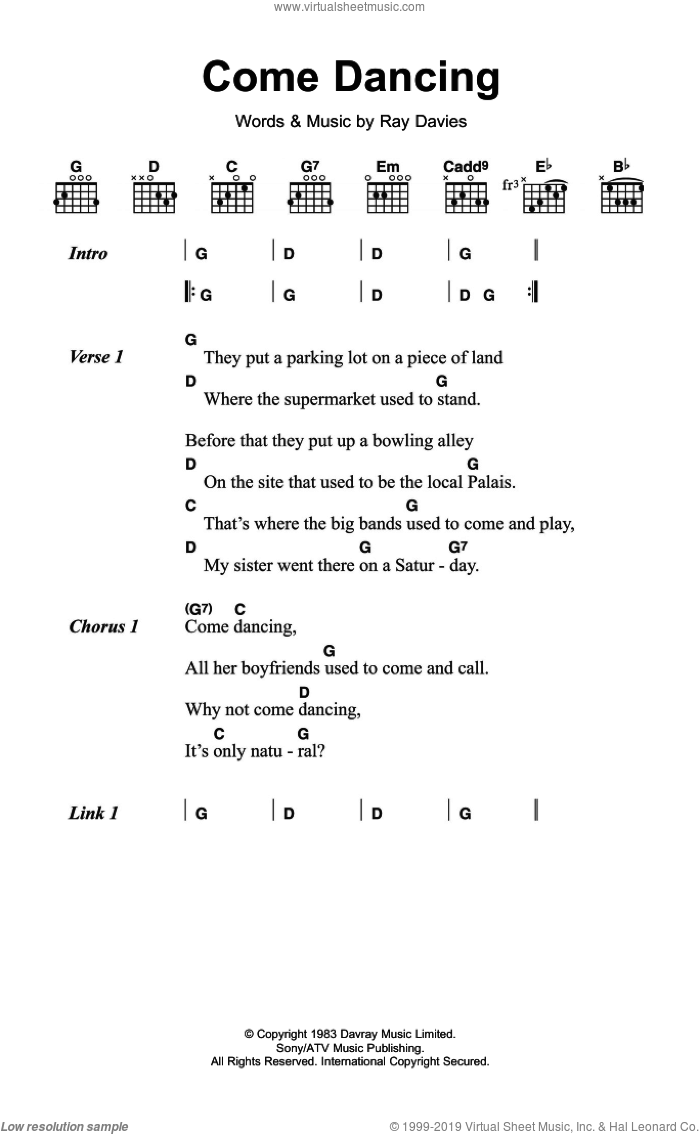 Come Dancing sheet music for guitar (chords) by The Kinks and Ray Davies, intermediate skill level