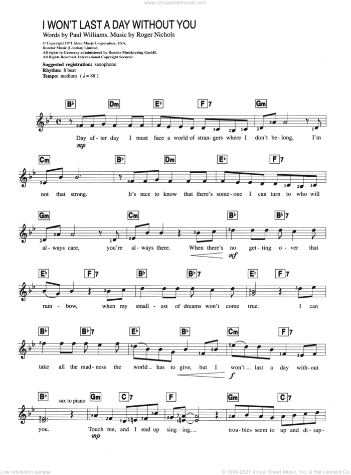 I Won't Last A Day Without You sheet music for piano solo (chords, lyrics, melody) by Carpenters, Paul Williams and Roger Nichols, intermediate piano (chords, lyrics, melody)