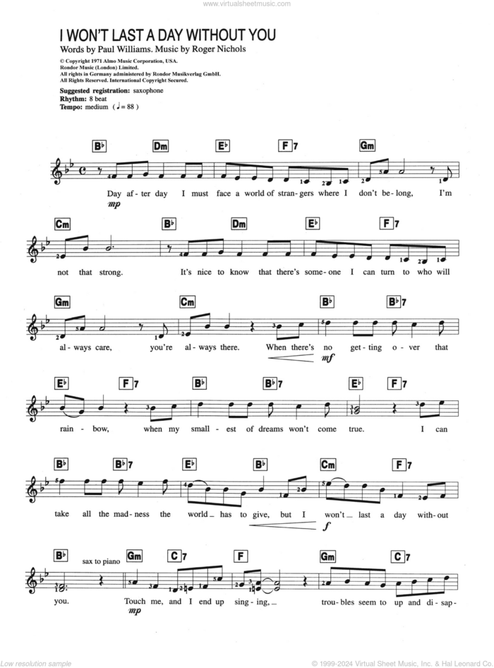 I Won't Last A Day Without You sheet music for piano solo (chords, lyrics, melody) by Carpenters, Paul Williams and Roger Nichols, intermediate piano (chords, lyrics, melody)