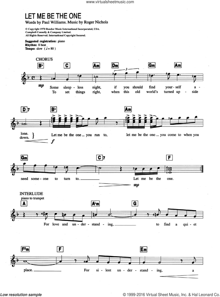 Let Me Be The One sheet music for piano solo (chords, lyrics, melody) by Carpenters, Paul Williams and Roger Nichols, intermediate piano (chords, lyrics, melody)
