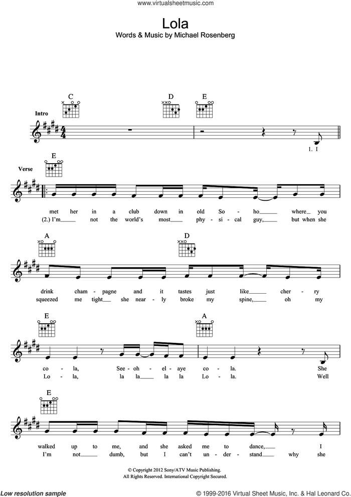 Lola sheet music for voice and other instruments (fake book) by The Kinks and Ray Davies, intermediate skill level