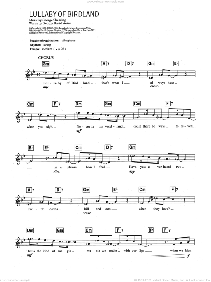 Lullaby Of Birdland sheet music for piano solo (chords, lyrics, melody) by Ella Fitzgerald, George David Weiss and George Shearing, intermediate piano (chords, lyrics, melody)
