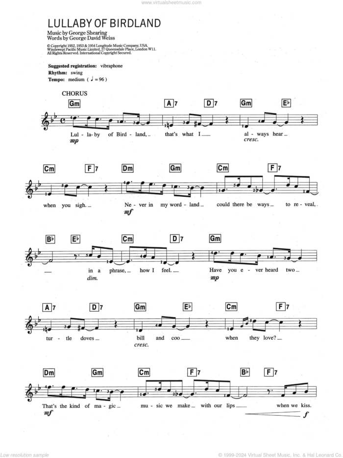 Lullaby Of Birdland sheet music for piano solo (chords, lyrics, melody) by Ella Fitzgerald, George David Weiss and George Shearing, intermediate piano (chords, lyrics, melody)