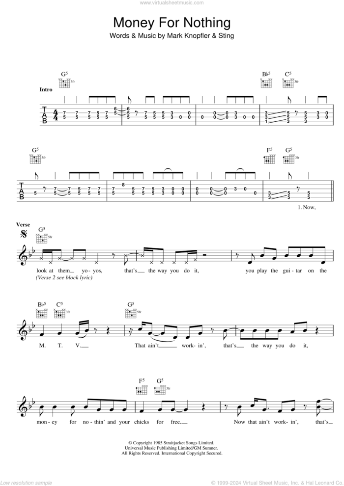 Money For Nothing sheet music for guitar solo (lead sheet) by Dire Straits, Mark Knopfler and Sting, intermediate guitar (lead sheet)