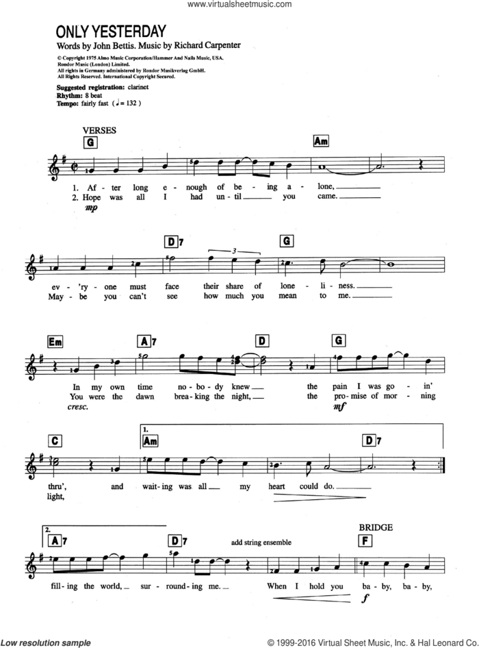 Only Yesterday sheet music for piano solo (chords, lyrics, melody) by Carpenters, John Bettis and Richard Carpenter, intermediate piano (chords, lyrics, melody)
