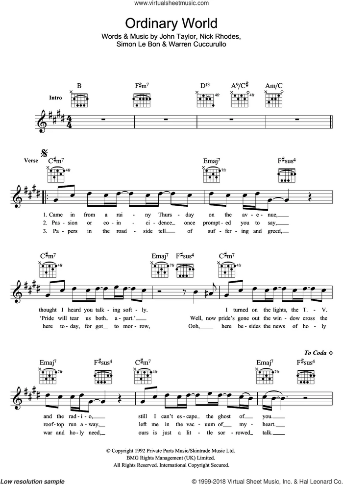 Ordinary World sheet music for voice and other instruments (fake book) by Duran Duran, John Taylor, Nick Rhodes, Simon LeBon and Warren Cuccurullo, intermediate skill level