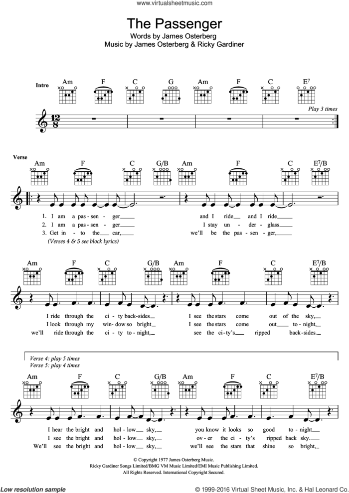 The Passenger sheet music for voice and other instruments (fake book) by Iggy Pop, James Osterberg and Ricky Gardiner, intermediate skill level