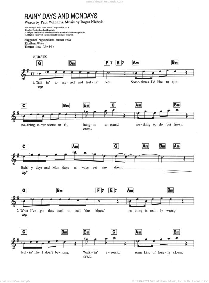 Rainy Days and Mondays sheet music for piano solo (chords, lyrics, melody) by Carpenters, Paul Williams and Roger Nichols, intermediate piano (chords, lyrics, melody)