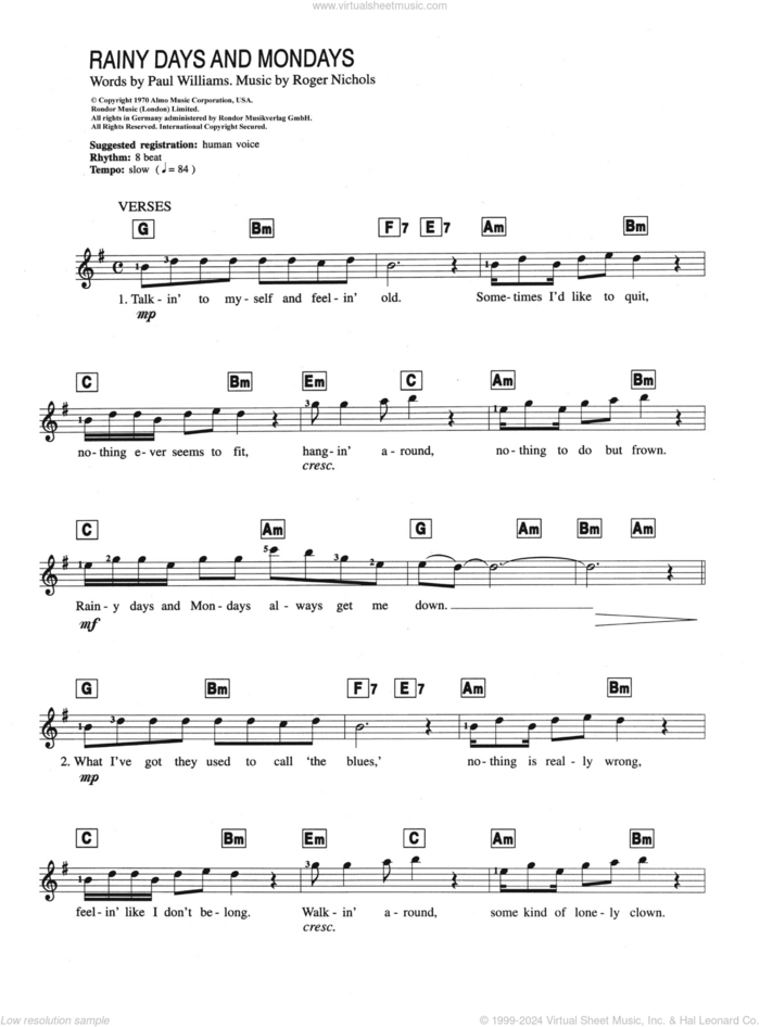 Rainy Days and Mondays sheet music for piano solo (chords, lyrics, melody) by Carpenters, Paul Williams and Roger Nichols, intermediate piano (chords, lyrics, melody)