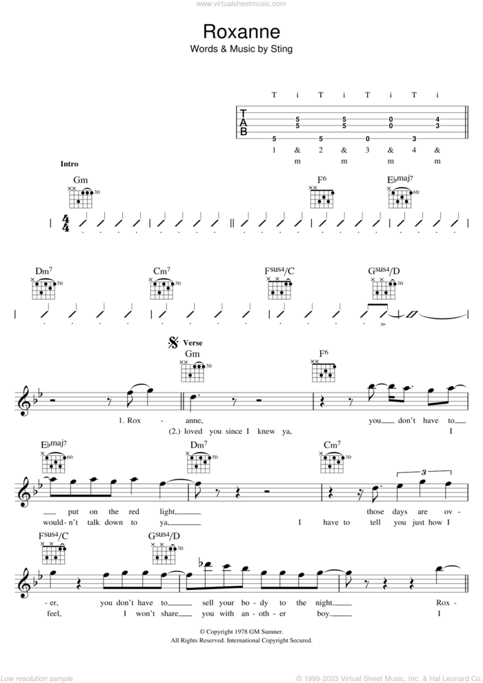 Roxanne sheet music for voice and other instruments (fake book) by The Police and Sting, intermediate skill level