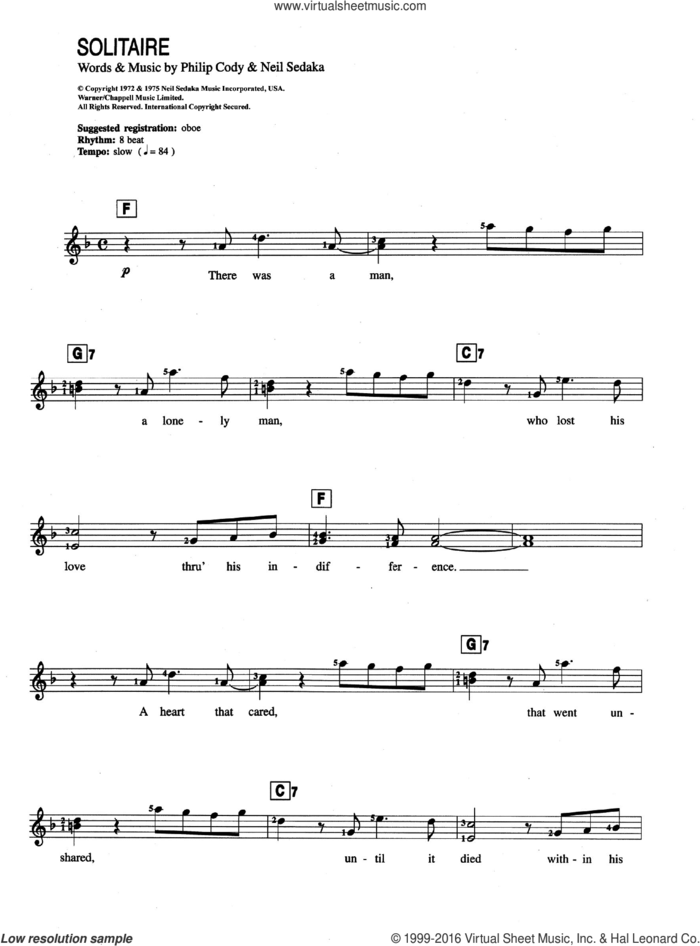 Solitaire sheet music for piano solo (chords, lyrics, melody) by Carpenters, Neil Sedaka and Philip Cody, intermediate piano (chords, lyrics, melody)