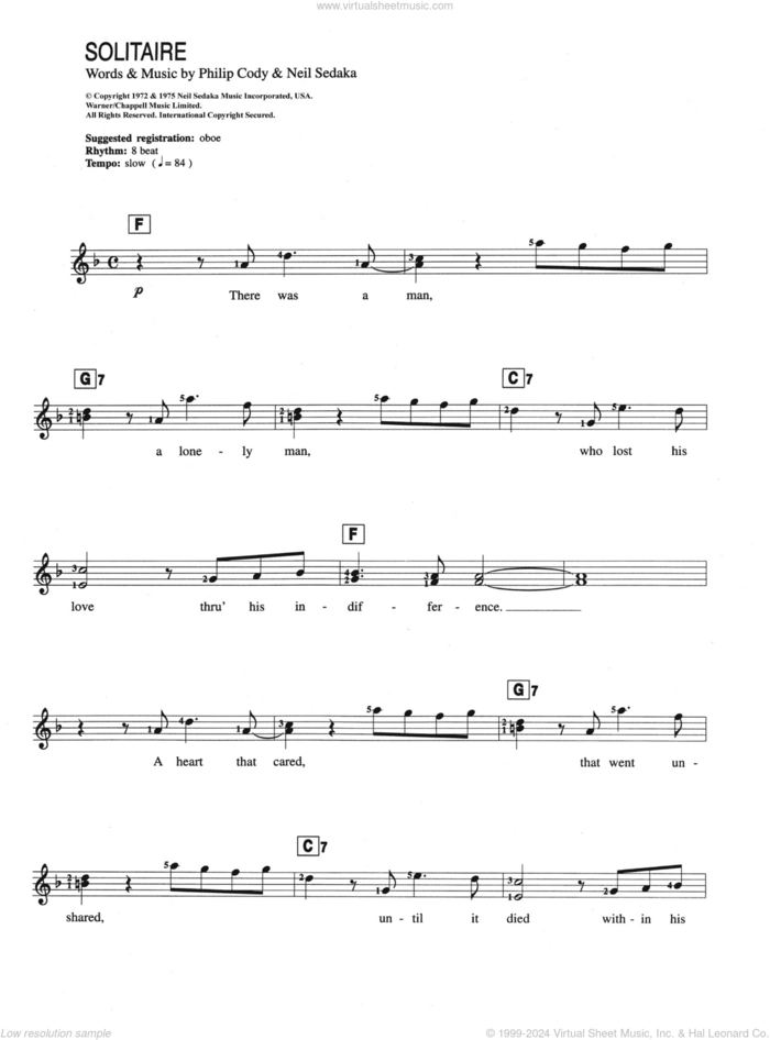 Solitaire sheet music for piano solo (chords, lyrics, melody) by Carpenters, Neil Sedaka and Philip Cody, intermediate piano (chords, lyrics, melody)