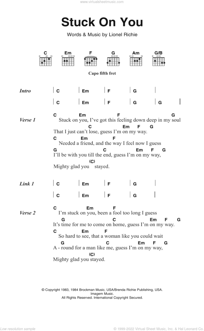 Stuck On You sheet music for guitar (chords) by Lionel Richie, intermediate skill level