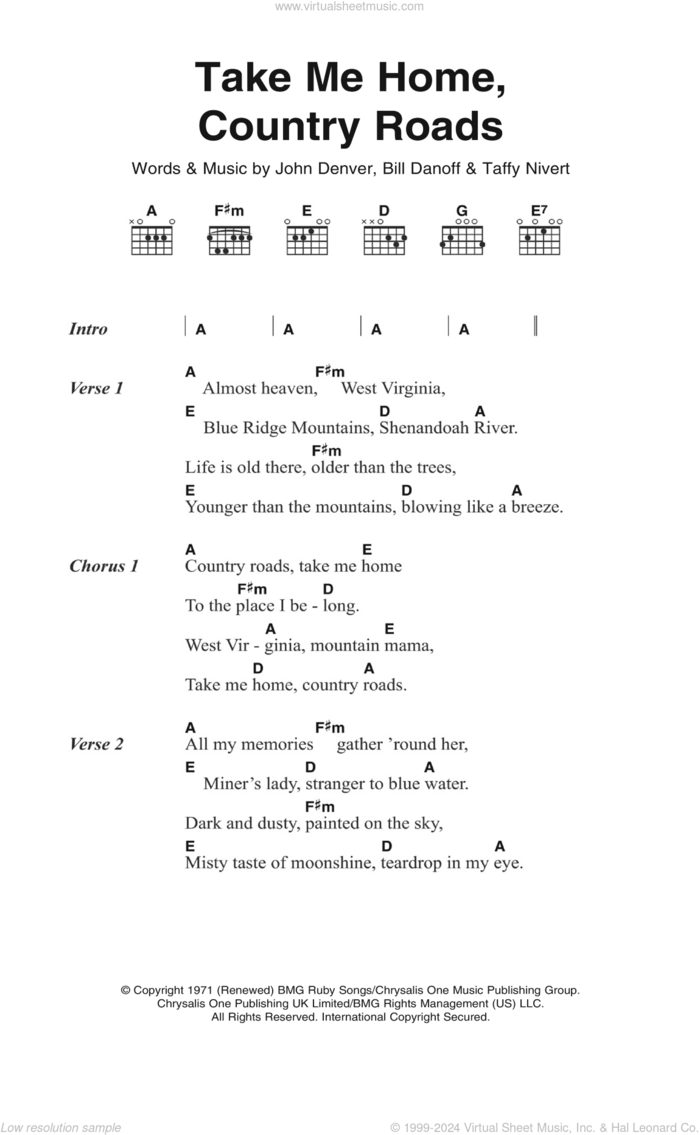 Take Me Home, Country Roads sheet music for guitar (chords) by John Denver, Hermes House Band, Bill Danoff and Taffy Nivert, intermediate skill level