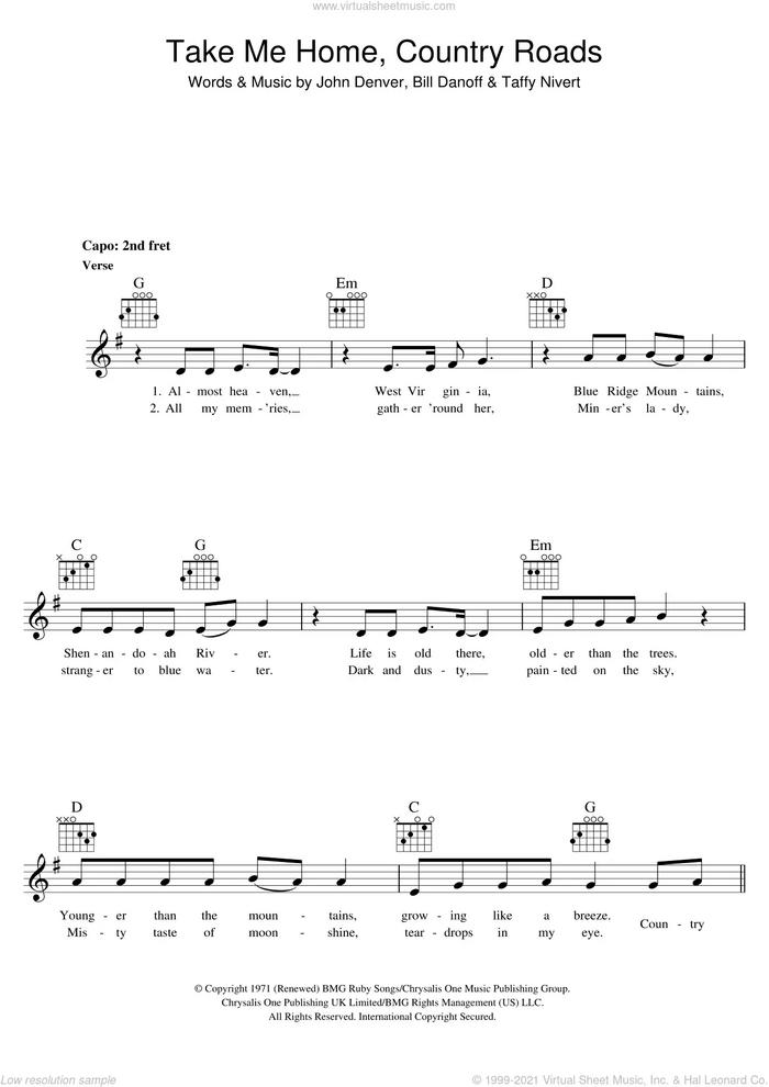 Take Me Home, Country Roads sheet music for voice and other instruments (fake book) by John Denver, Hermes House Band, Bill Danoff and Taffy Nivert, intermediate skill level