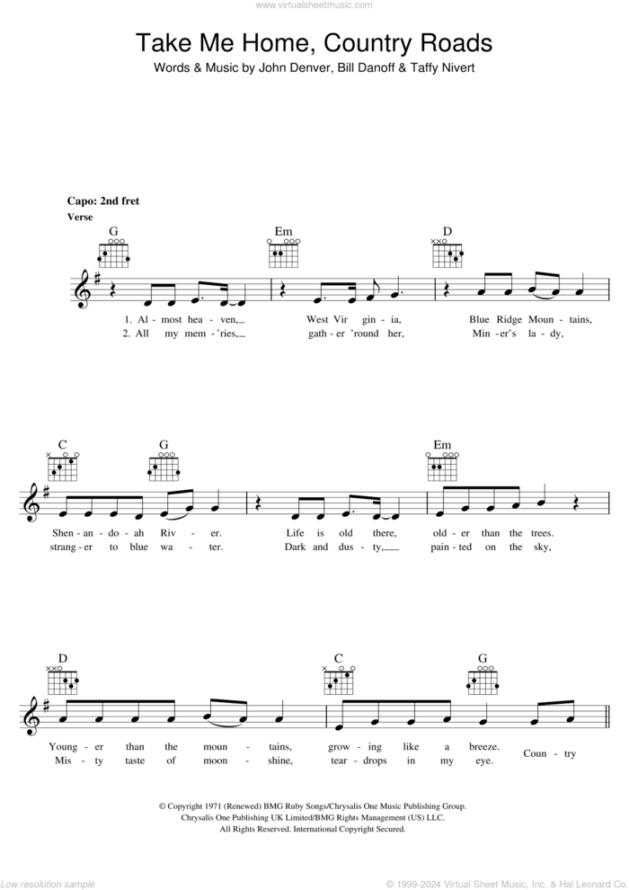 Take Me Home, Country Roads sheet music for voice and other instruments (fake book) by John Denver, Hermes House Band, Bill Danoff and Taffy Nivert, intermediate skill level