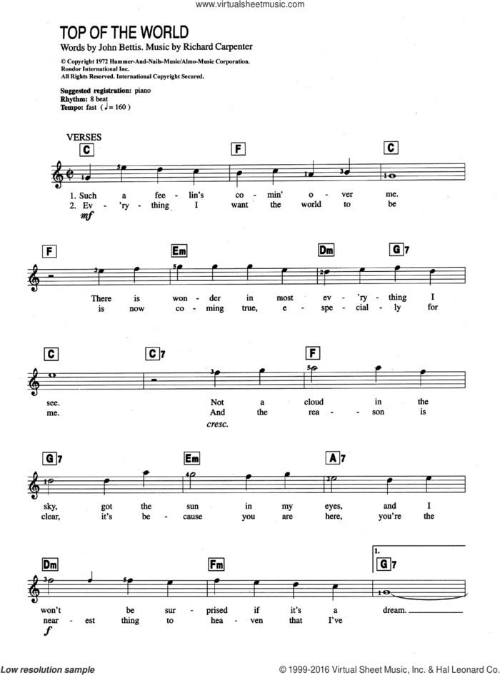 Top Of The World sheet music for piano solo (chords, lyrics, melody) by Carpenters, John Bettis and Richard Carpenter, intermediate piano (chords, lyrics, melody)