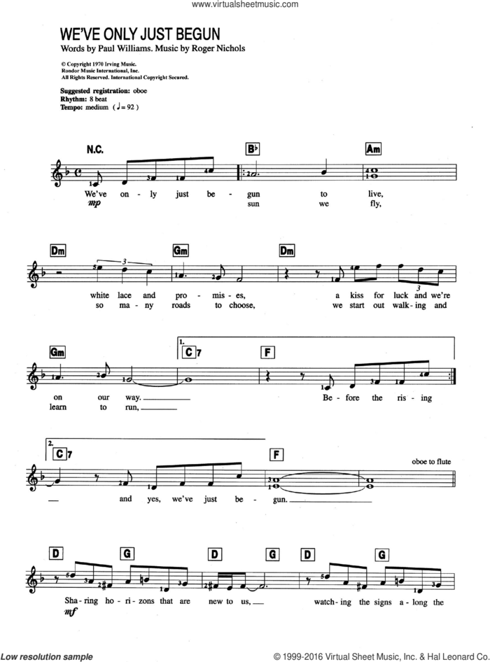 We've Only Just Begun sheet music for piano solo (chords, lyrics, melody) by Carpenters, Paul Williams and Roger Nichols, wedding score, intermediate piano (chords, lyrics, melody)