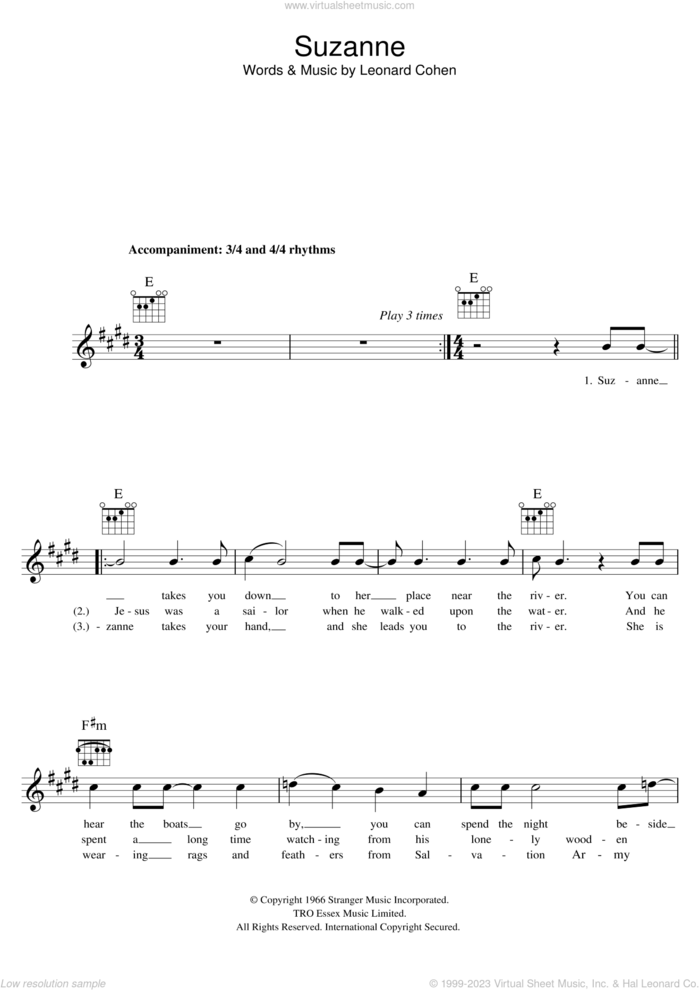 Suzanne sheet music for voice and other instruments (fake book) by Leonard Cohen, intermediate skill level