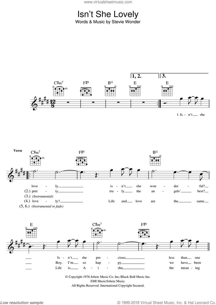 Isn't She Lovely sheet music for voice and other instruments (fake book) by Stevie Wonder, intermediate skill level