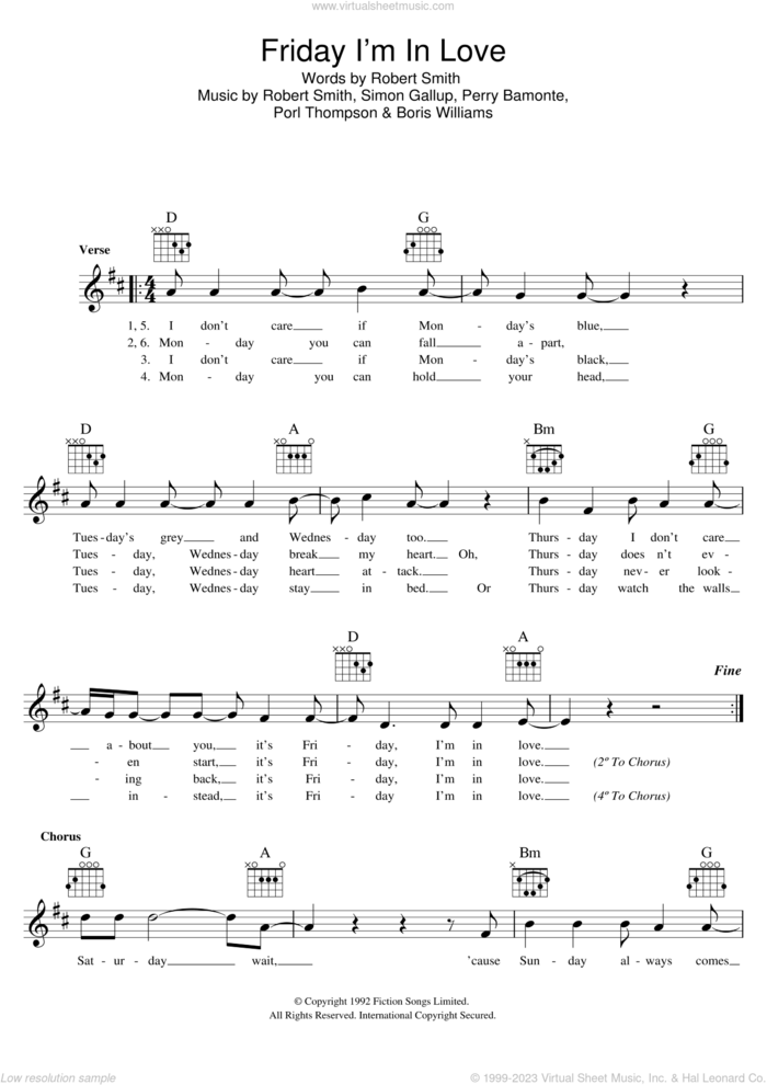 Friday I'm In Love sheet music for voice and other instruments (fake book) by The Cure, Boris Williams, Perry Bamonte, Porl Thompson, Robert Smith and Simon Gallup, intermediate skill level