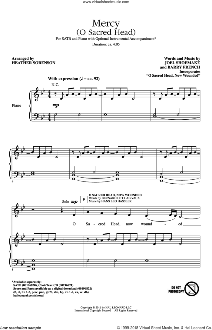 Mercy (O Sacred Head) sheet music for choir (SATB: soprano, alto, tenor, bass) by Joel Shoemake, Heather Sorenson and Barry French, intermediate skill level
