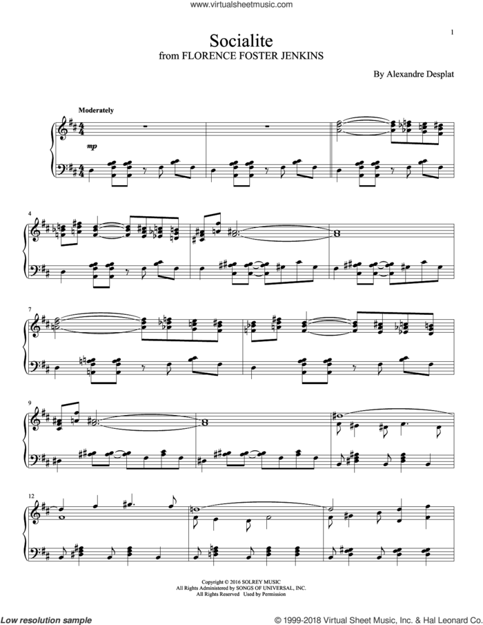Socialite sheet music for piano solo by Alexandre Desplat, intermediate skill level