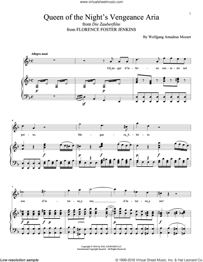 Queen Of The Night's Vengeance Aria sheet music for voice and piano by Wolfgang Amadeus Mozart and Alexandre Desplat, classical score, intermediate skill level