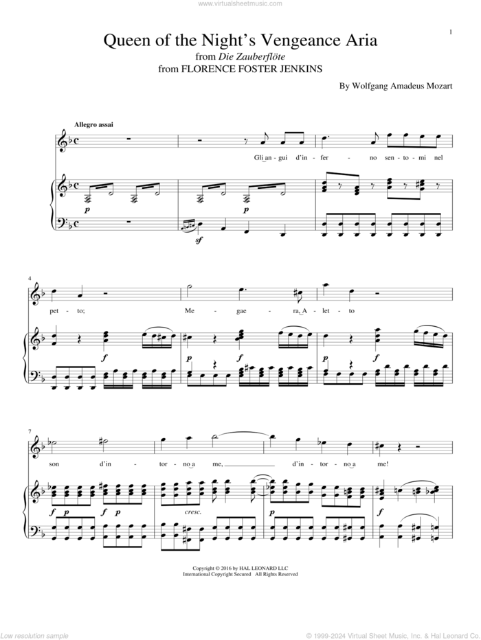 Queen Of The Night's Vengeance Aria sheet music for voice and piano by Wolfgang Amadeus Mozart and Alexandre Desplat, classical score, intermediate skill level