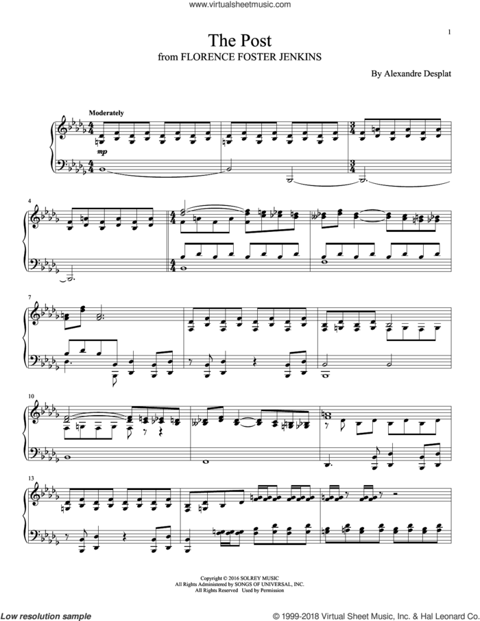 The Post sheet music for piano solo by Alexandre Desplat, intermediate skill level