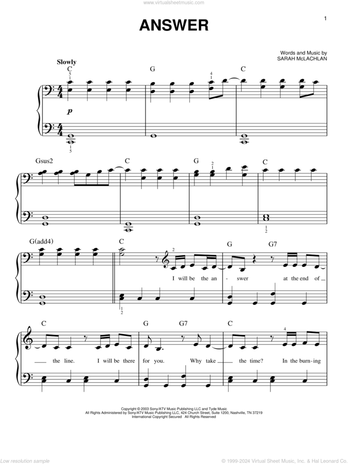 Answer sheet music for piano solo by Sarah McLachlan, easy skill level