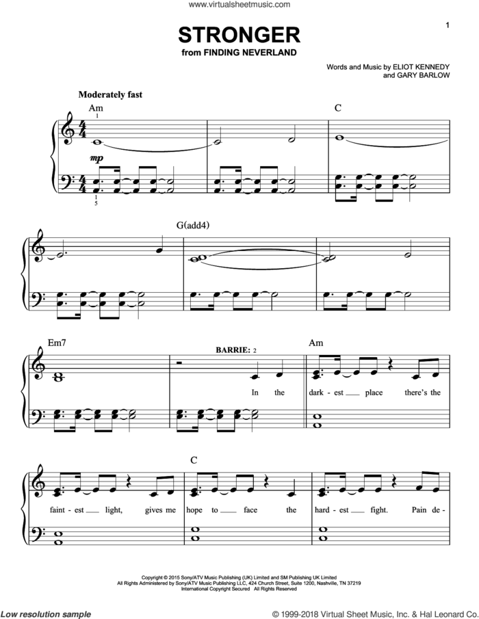 Stronger sheet music for piano solo by Gary Barlow & Eliot Kennedy, Eliot Kennedy and Gary Barlow, easy skill level