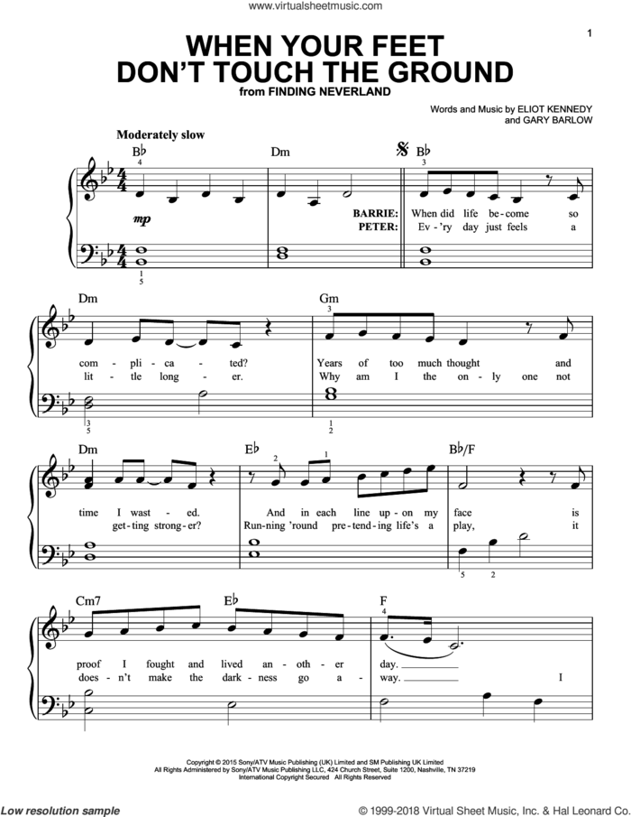 When Your Feet Don't Touch The Ground sheet music for piano solo by Gary Barlow & Eliot Kennedy, Eliot Kennedy and Gary Barlow, easy skill level
