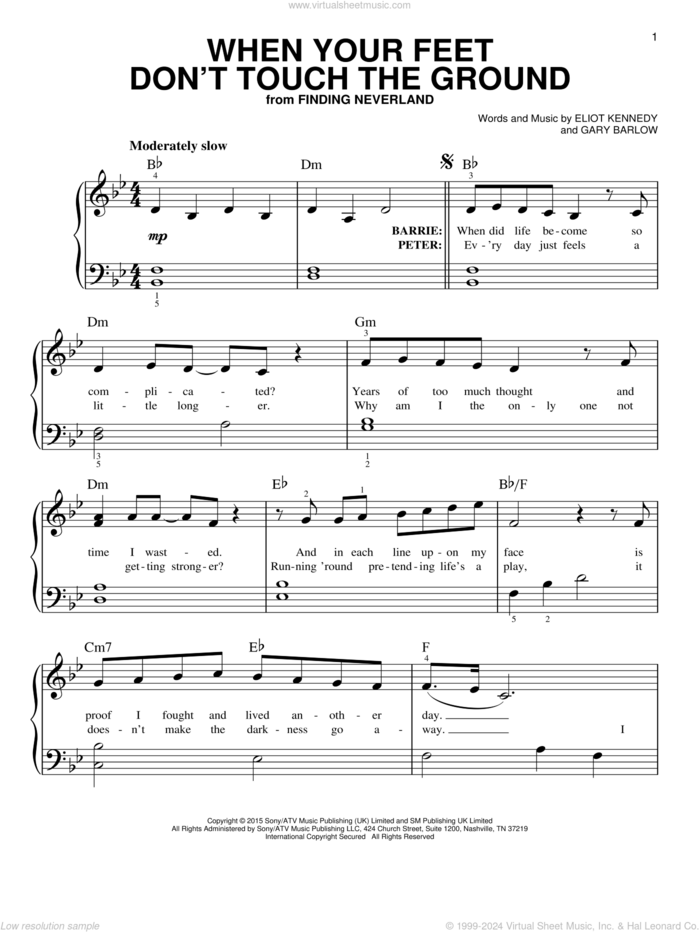 When Your Feet Don't Touch The Ground sheet music for piano solo by Gary Barlow & Eliot Kennedy, Eliot Kennedy and Gary Barlow, easy skill level