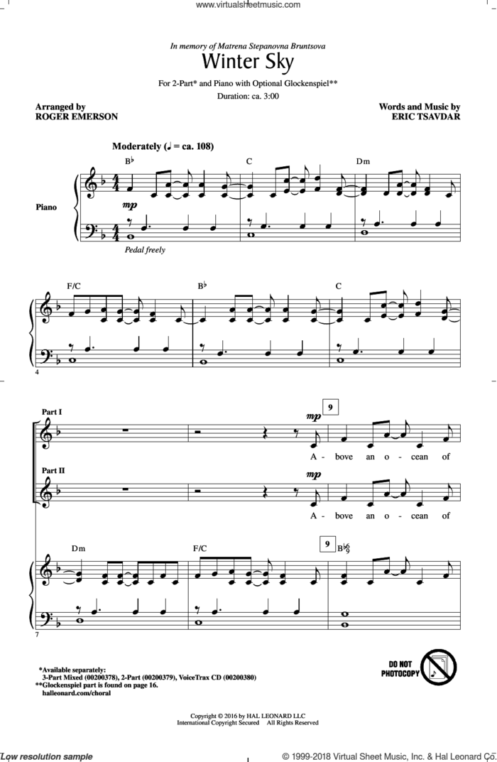 Winter Sky sheet music for choir (2-Part) by Eric Tsavdar and Roger Emerson, intermediate duet