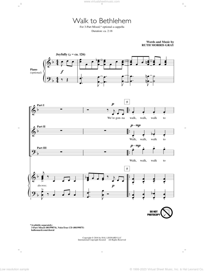 Walk To Bethlehem sheet music for choir (3-Part Mixed) by Ruth Morris Gray, intermediate skill level