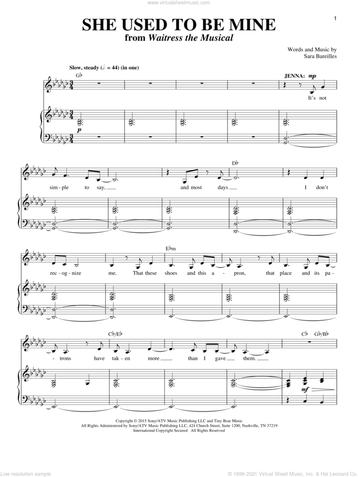 She Used To Be Mine (from Waitress The Musical) sheet music for voice and piano by Sara Bareilles, intermediate skill level