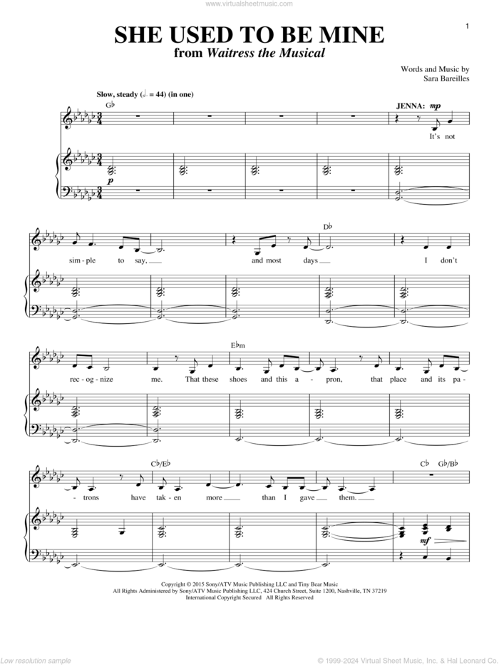 She Used To Be Mine (from Waitress The Musical) sheet music for voice and piano by Sara Bareilles, intermediate skill level