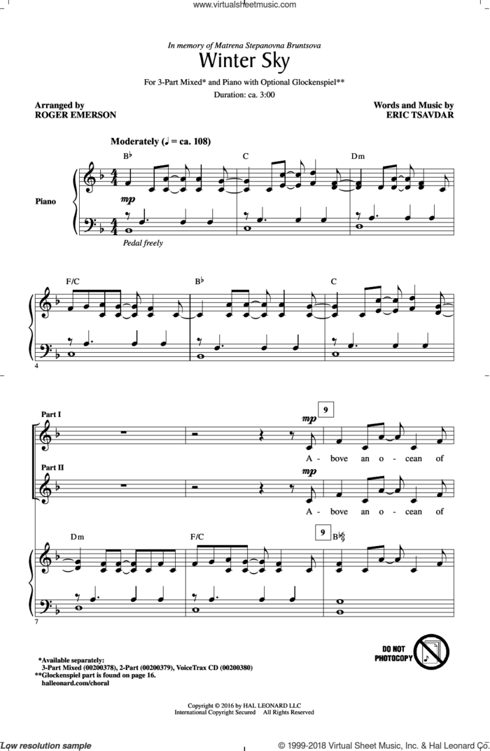 Winter Sky sheet music for choir (3-Part Mixed) by Eric Tsavdar and Roger Emerson, intermediate skill level