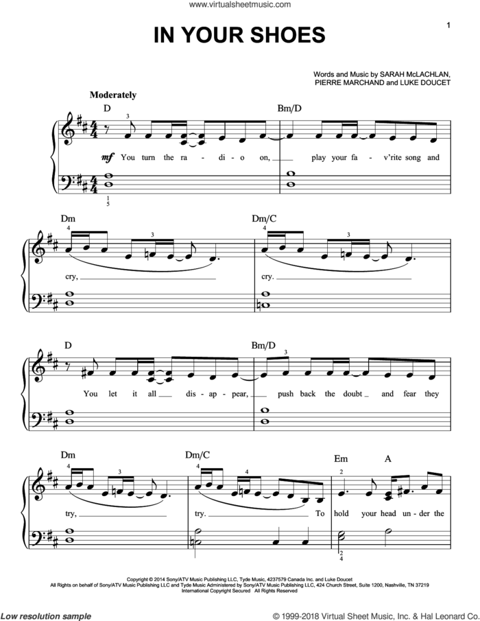 In Your Shoes sheet music for piano solo by Sarah McLachlan, Luke Doucet and Pierre Marchand, easy skill level