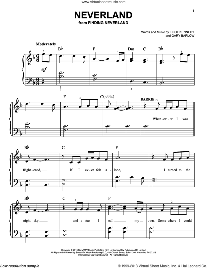 Neverland sheet music for piano solo by Gary Barlow & Eliot Kennedy, Eliot Kennedy and Gary Barlow, easy skill level