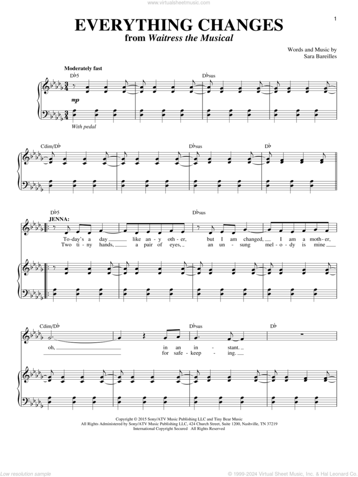 Everything Changes (from Waitress The Musical) sheet music for voice and piano by Sara Bareilles, intermediate skill level