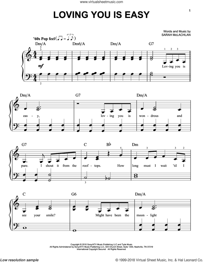 Loving You Is Easy sheet music for piano solo by Sarah McLachlan, wedding score, easy skill level