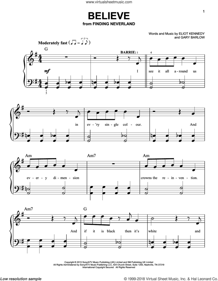 Believe sheet music for piano solo by Gary Barlow & Eliot Kennedy, Eliot Kennedy and Gary Barlow, easy skill level